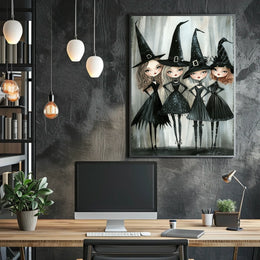 Stylized Witches Whimsical Gothic Monochromatic Poster