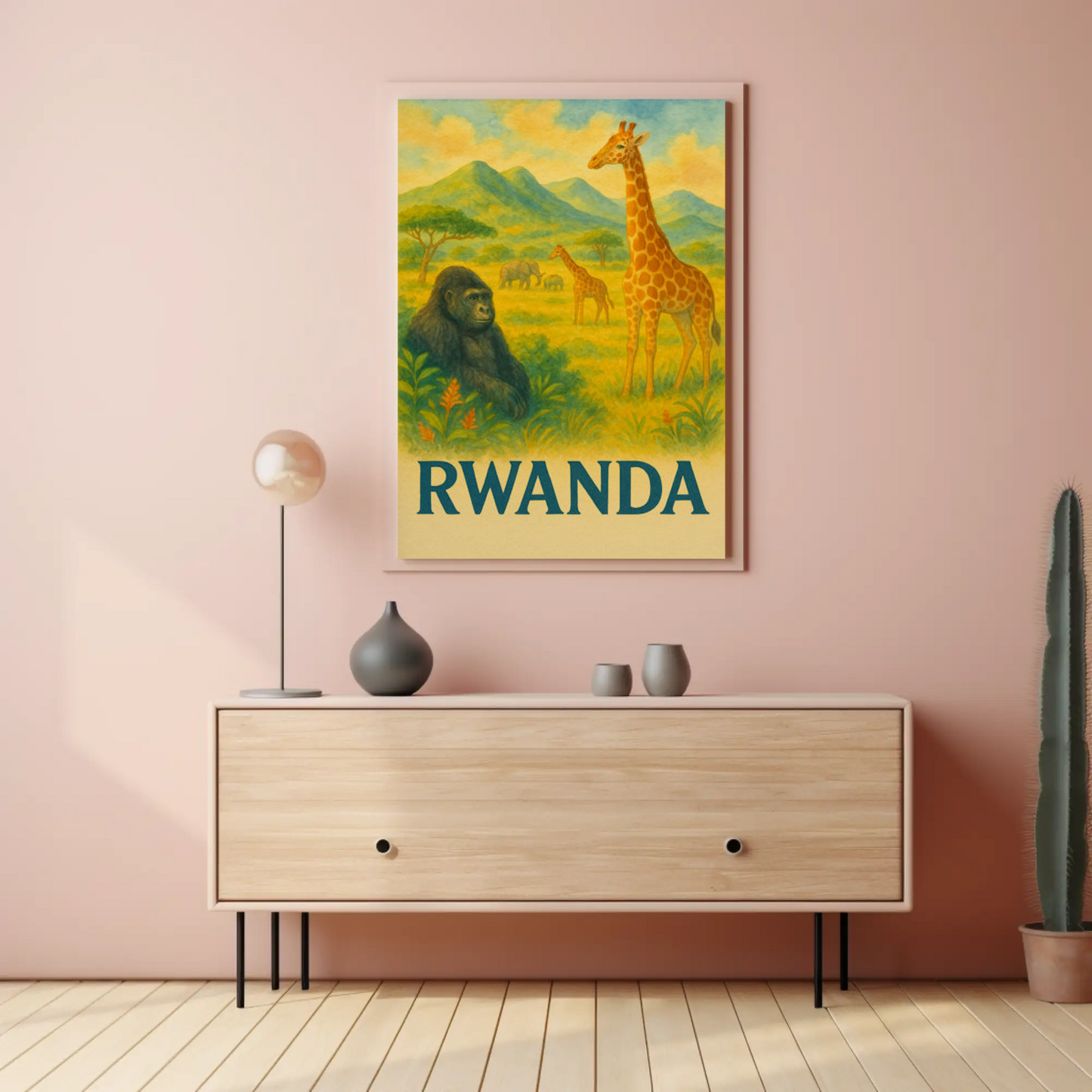 Rwanda Safari Animals Valley Scene Travel Poster