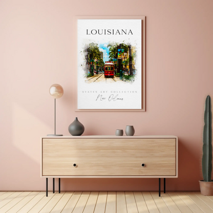 New Orleans Louisiana Streetcar Watercolor Art Poster