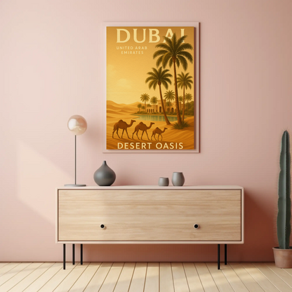 Dubai Desert Oasis Camels Palms Sunset Poster