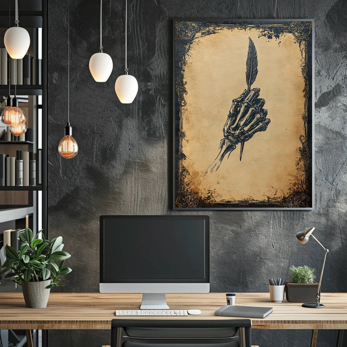 Macabre Skeleton Quill Design Art Print Poster