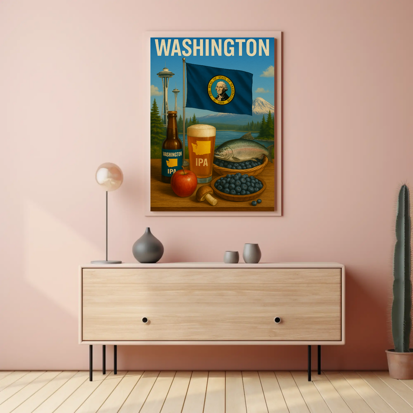 Washington IPA Salmon Space Needle Travel Poster