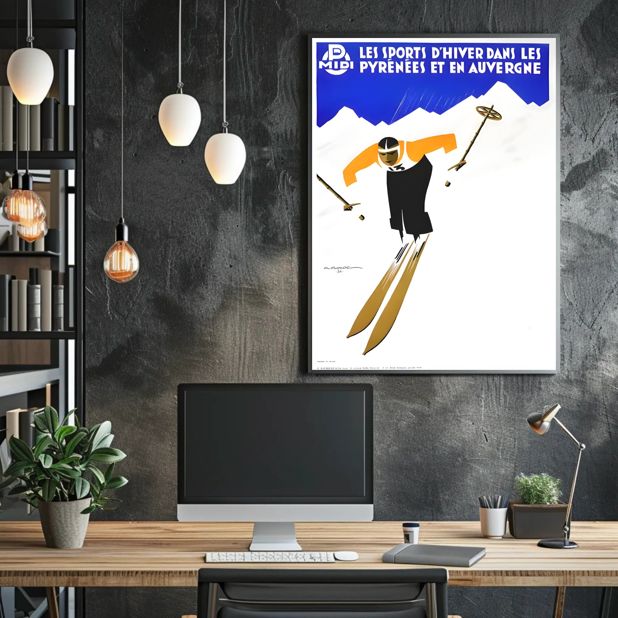 Dynamic Skier in Pyrenees Auvergne Winter Sports Poster PosterGoat