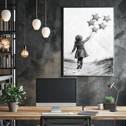 Child Releasing Star Balloons Black And White Sketch Poster