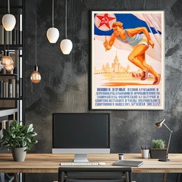 Soviet Propaganda Style Poster Celebrating Athletic Spirit