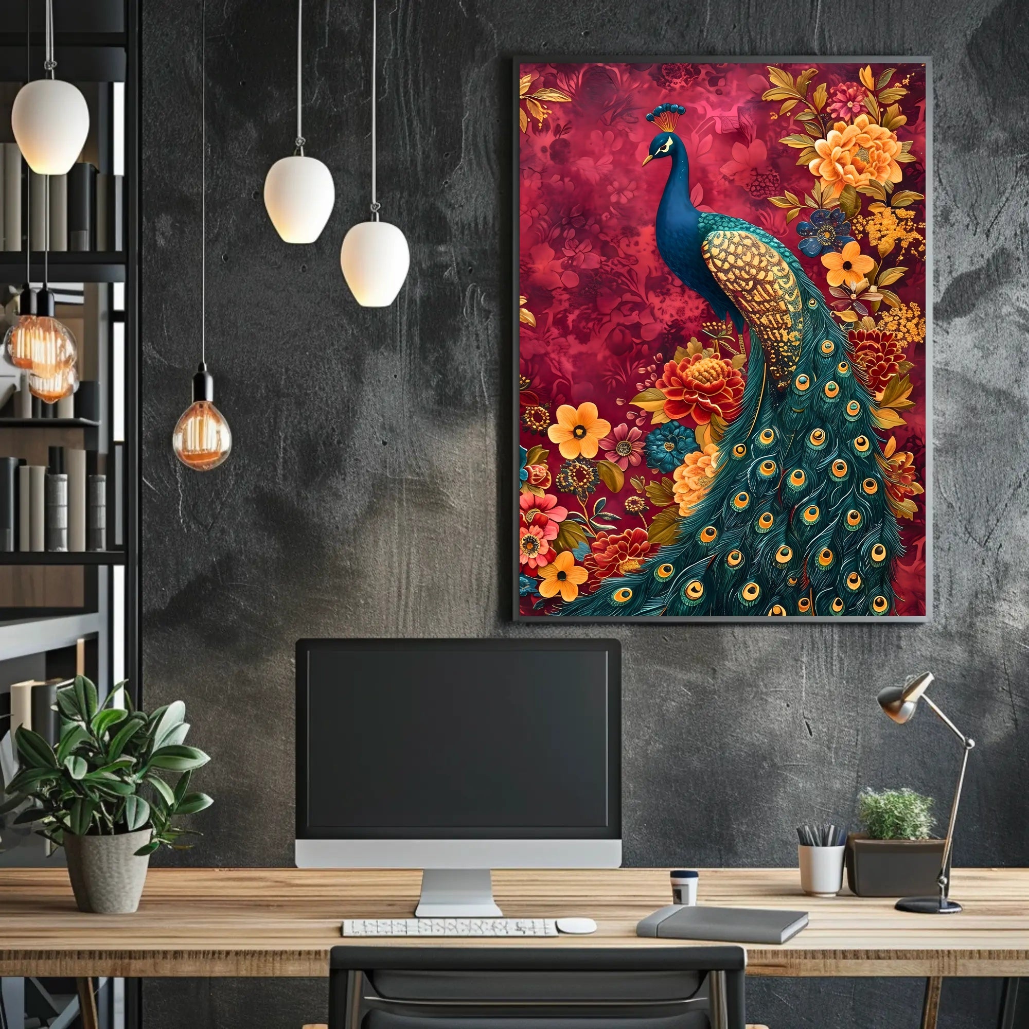 Majestic Peacock Amidst Lush Blooms: Artistic Animal Poster