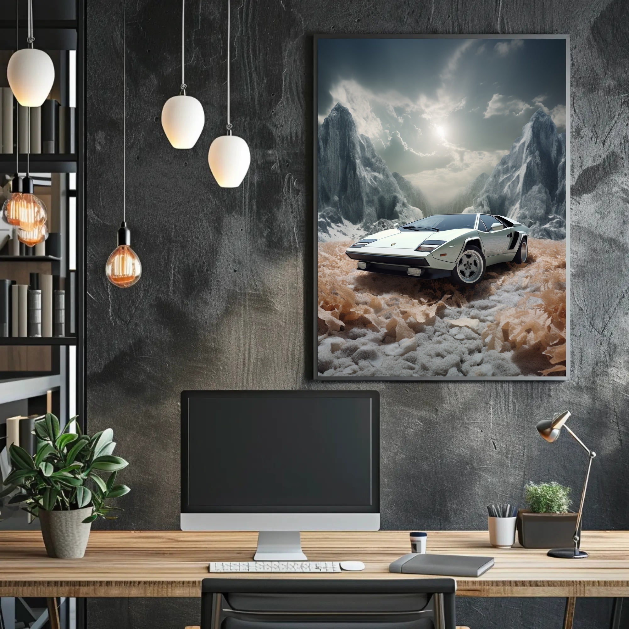 Classic Supercar in a Surreal Landscape Poster PosterGoat