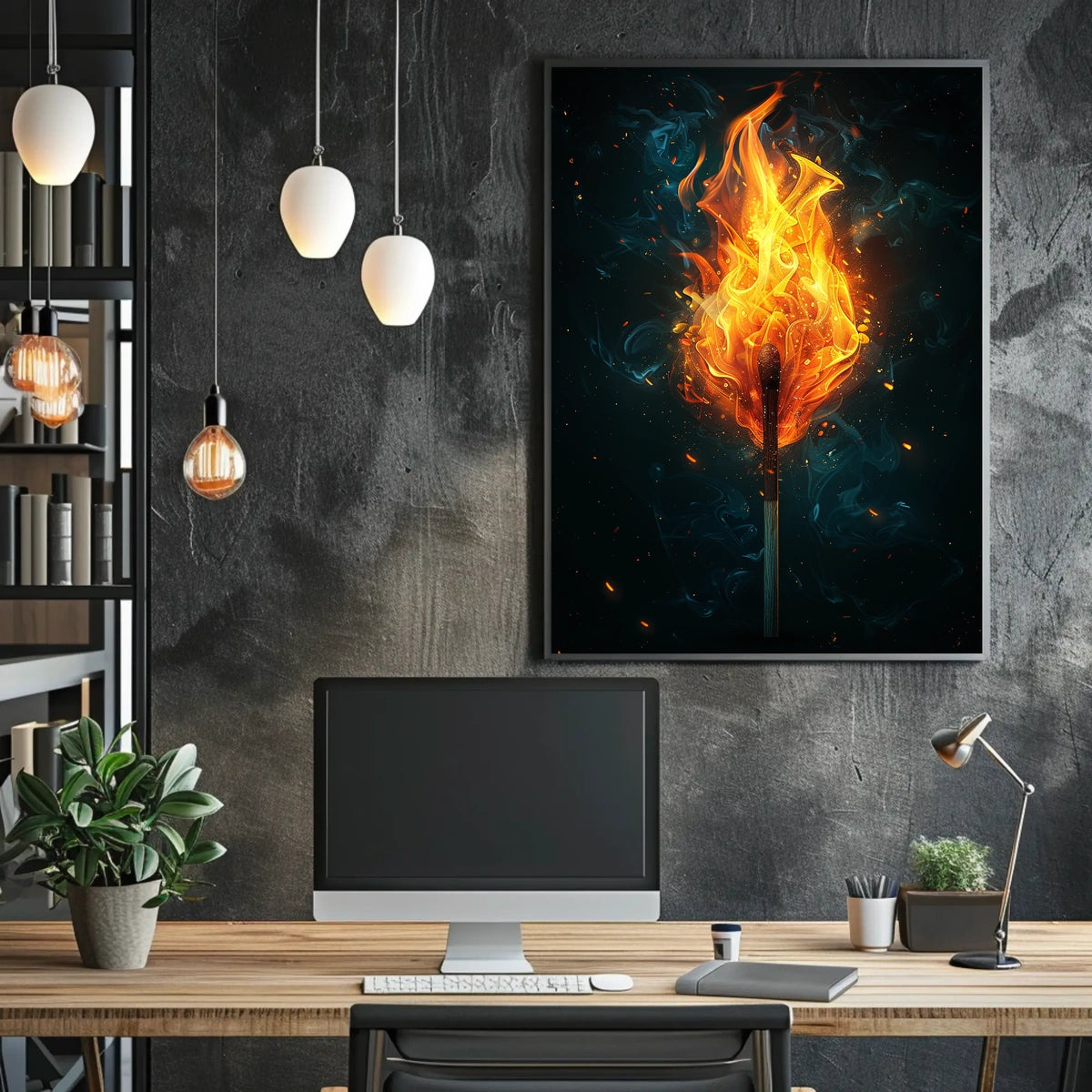 Fiery Matchstick Surrealism: Modern Art Poster