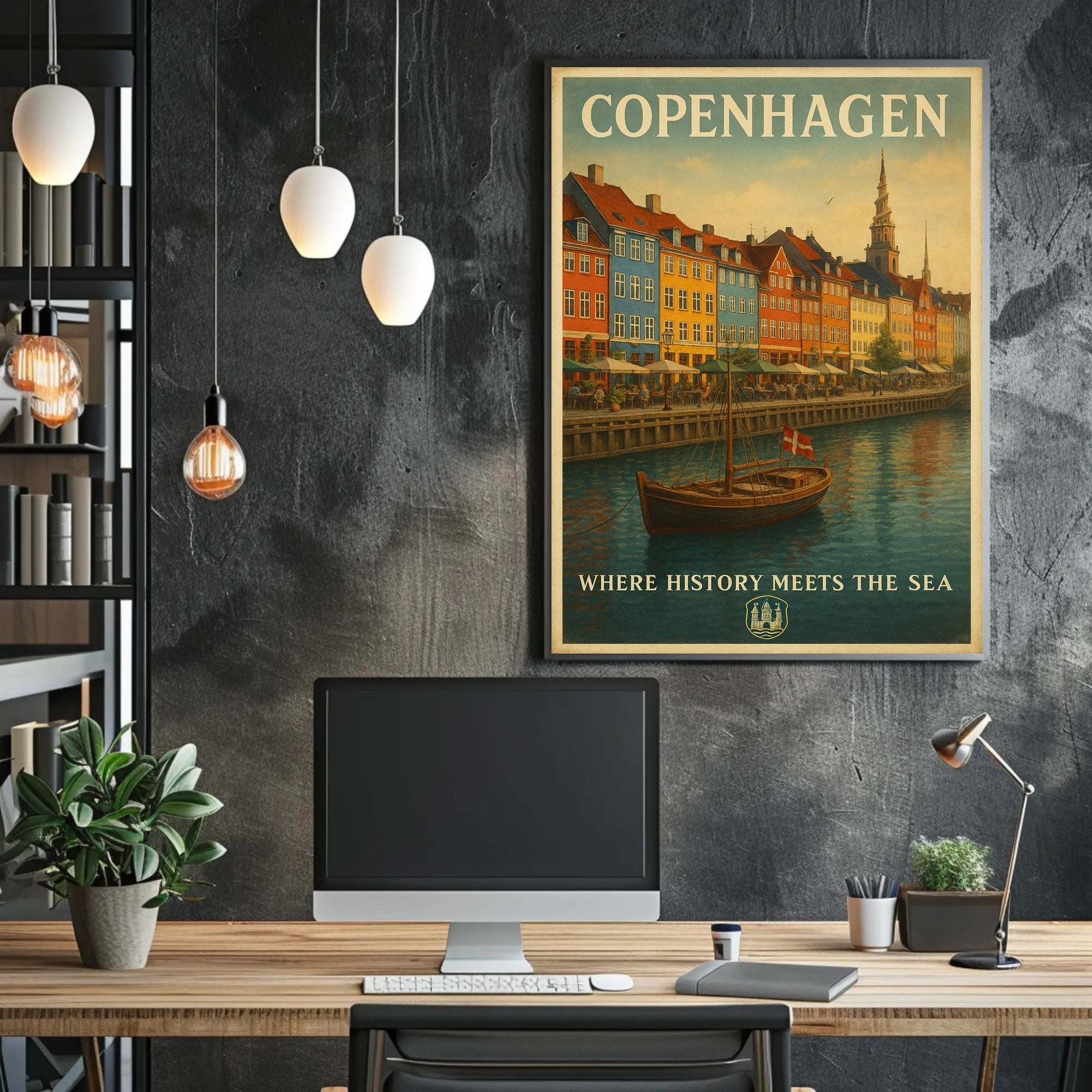 Copenhagen Waterfront Nyhavn Vintage Travel Scene Poster