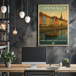 Copenhagen Waterfront Nyhavn Vintage Travel Scene Poster