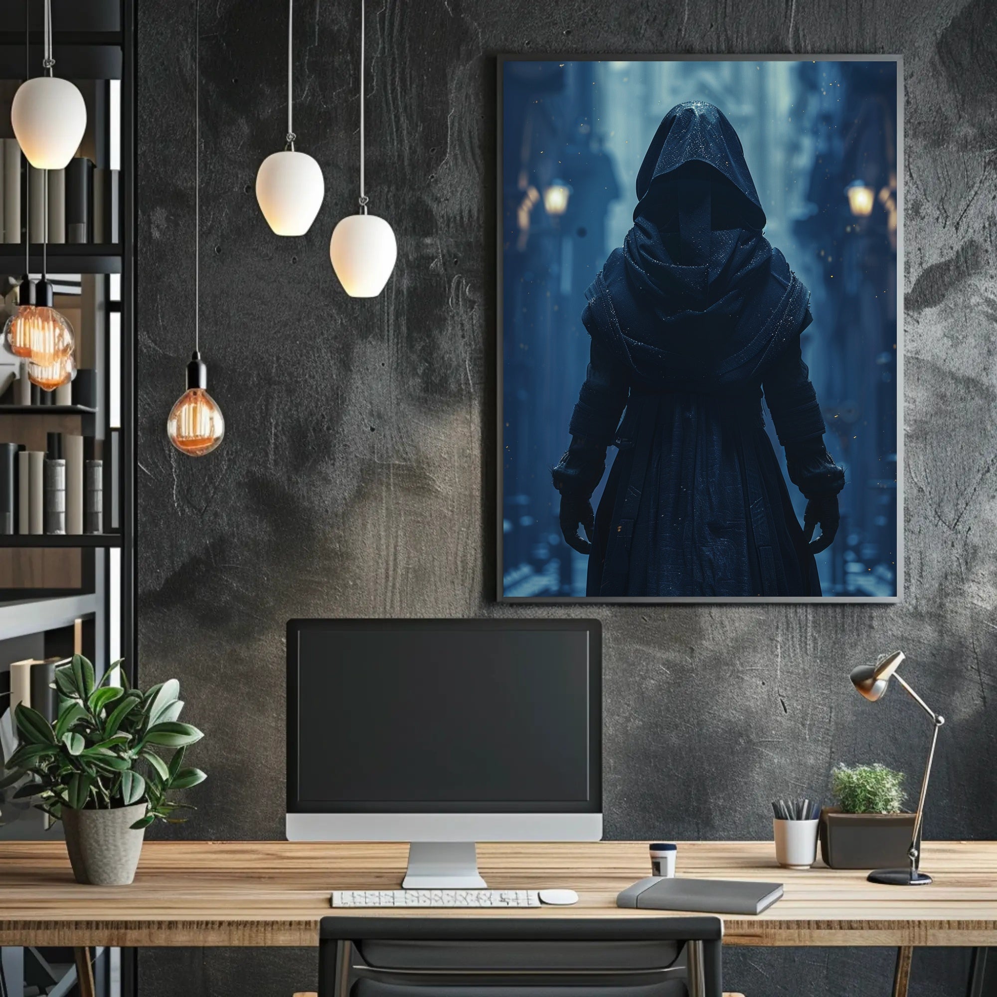 Mysterious Hooded Figure in Fantasy Alleyway Poster PosterGoat