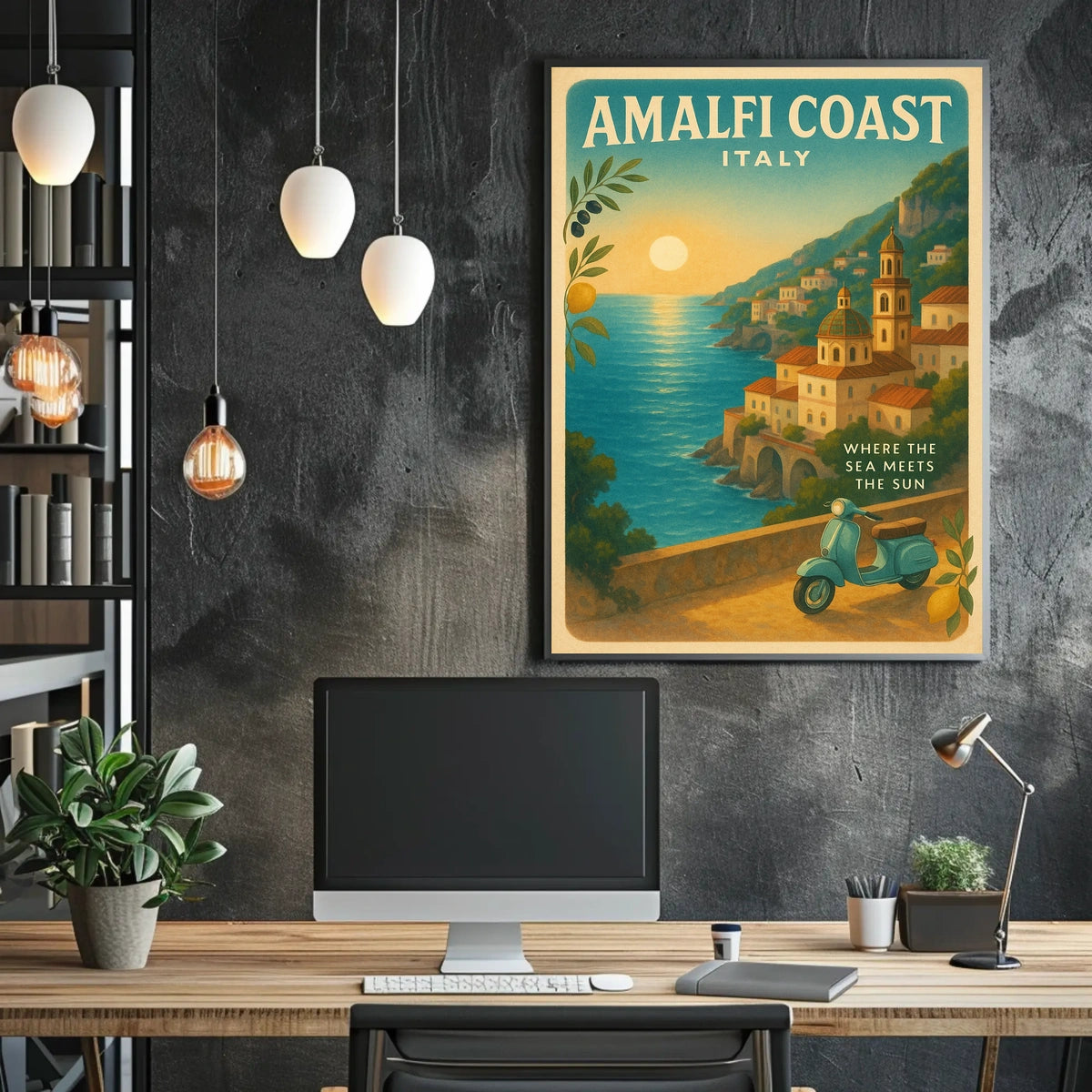 Amalfi Coast Vintage Travel Poster, Sunset Scene