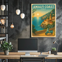 Amalfi Coast Vintage Travel Poster, Sunset Scene