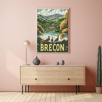 Brecon River Ducks Village Hillside Travel Poster