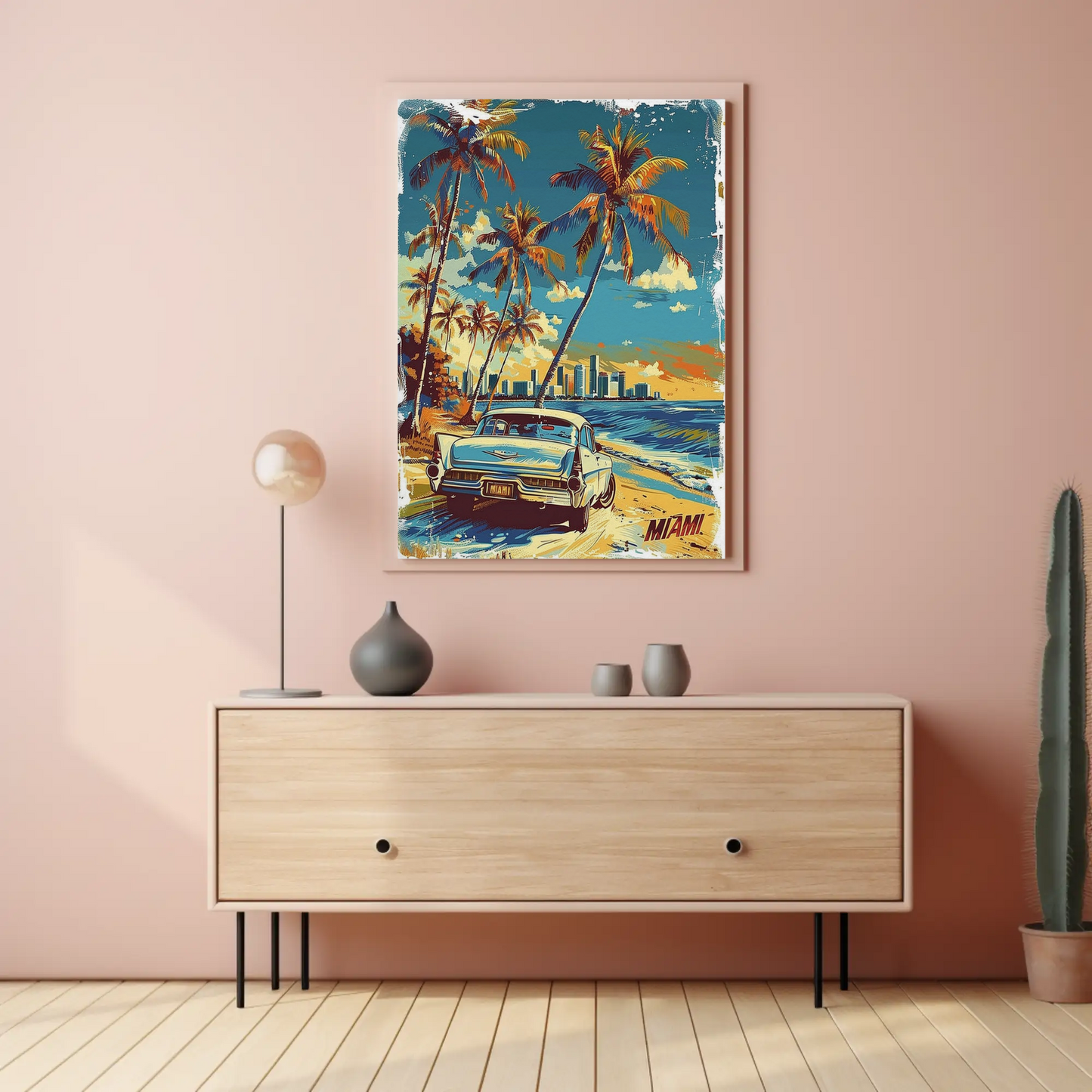 Miami Classic Car Palm Trees Beach Scene Travel Poster Travel Poster