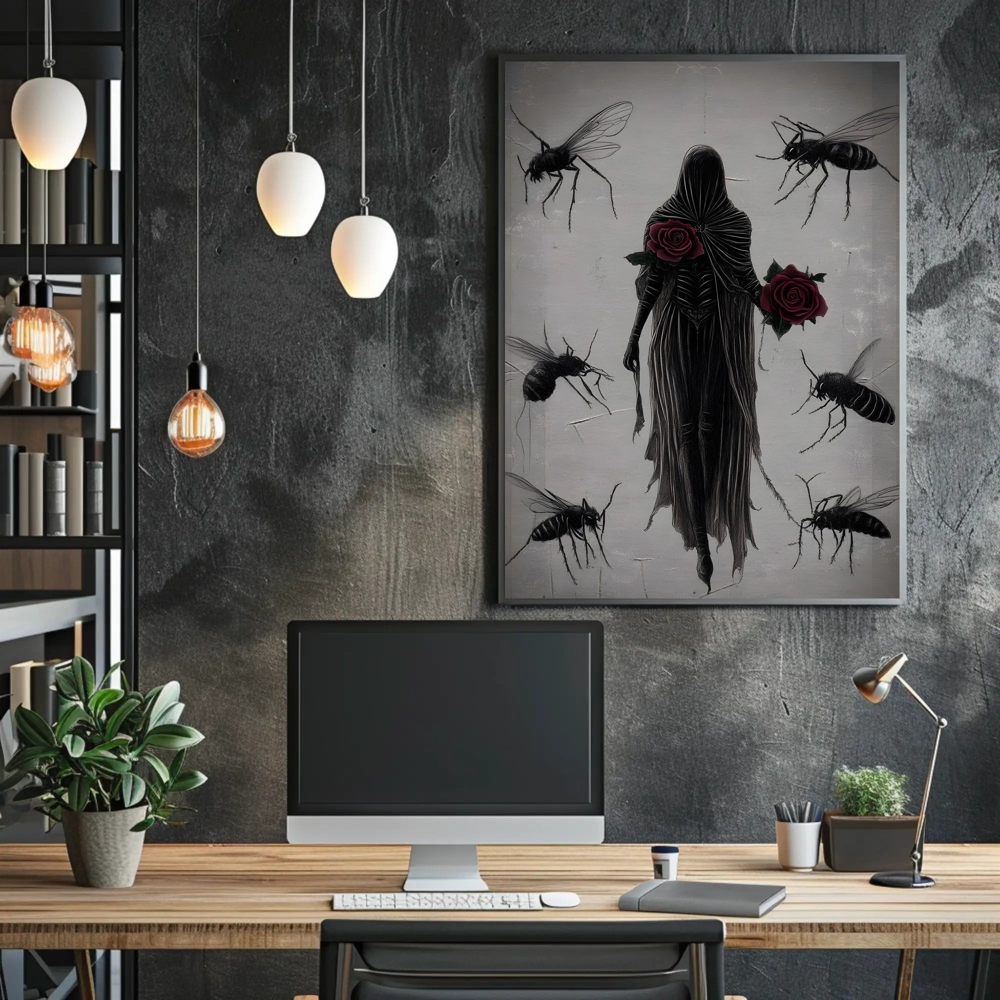 Mysterious Hooded Figure with Red Rose Artistic Poster PosterGoat
