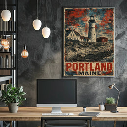 Timeless Portland Maine Lighthouse Coastal Vintage Travel Lithograph Scenic Collectors Nautical Architecture Poster