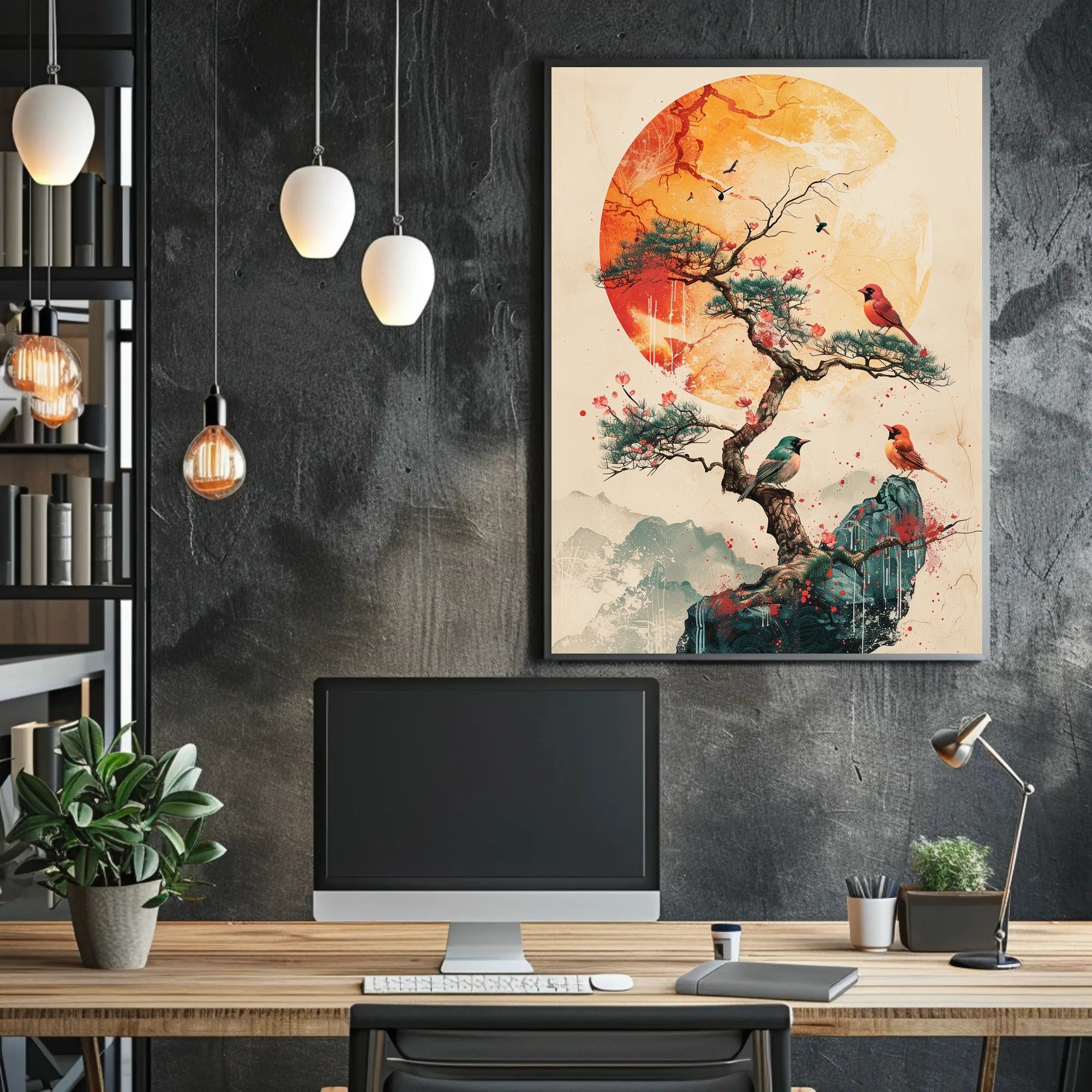 Serene Bonsai Tree with Vibrant Birds Poster PosterGoat
