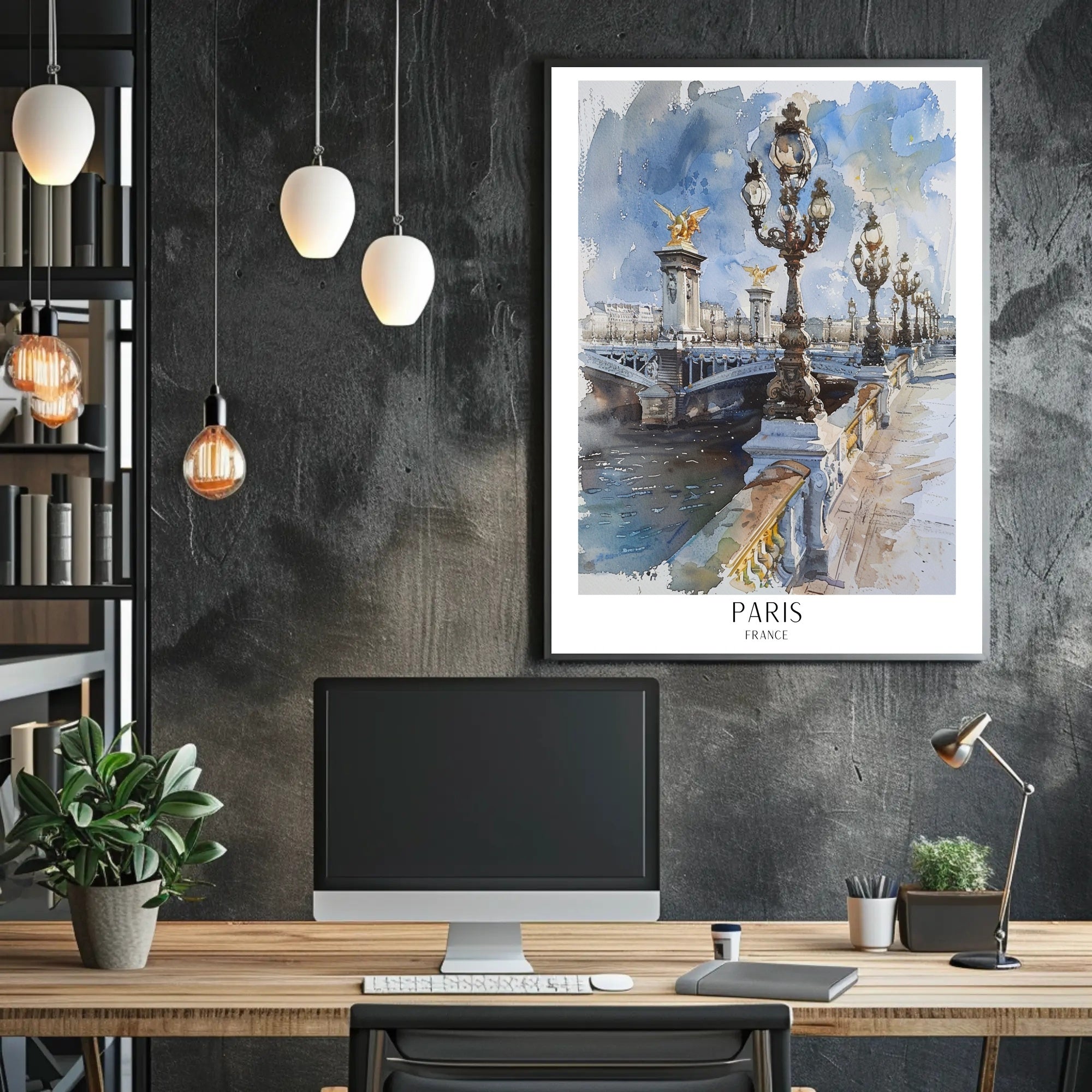 Watercolor Elegance: Pont Alexandre III Urban or Cityscape Poster PosterGoat