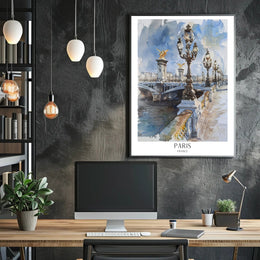 Watercolor Elegance: Pont Alexandre III Urban or Cityscape Poster PosterGoat