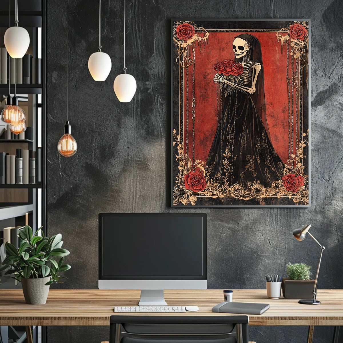 Skeletal Figure Red Roses Cultural or Heritage Poster
