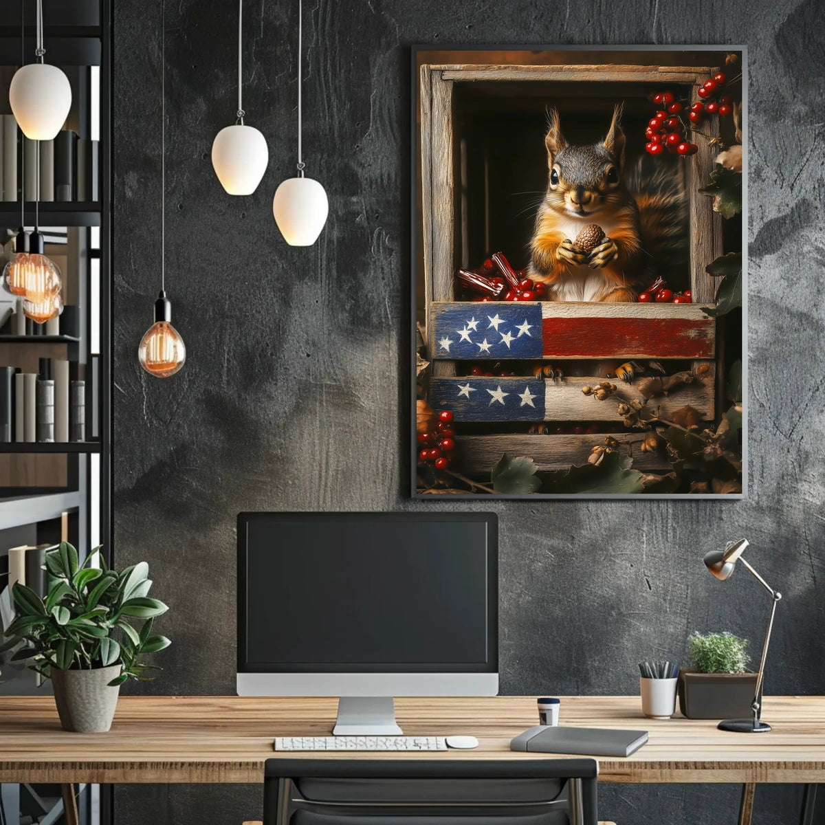 squirrel sitting upright inside a wooden crate Poster
