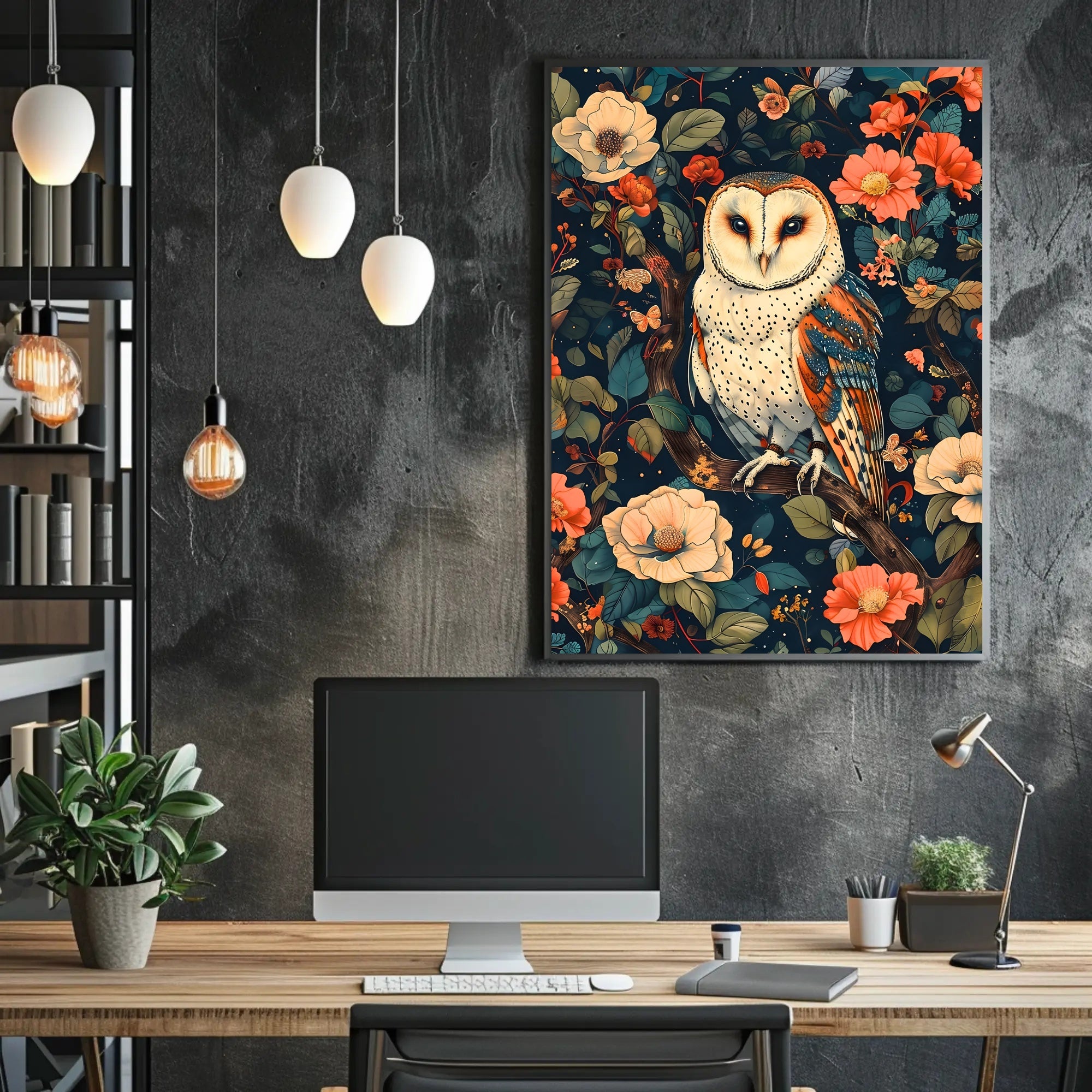 Barn Owl Amid Enchanted Flora: Artistic Animal Poster