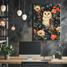 Barn Owl Amid Enchanted Flora: Artistic Animal Poster