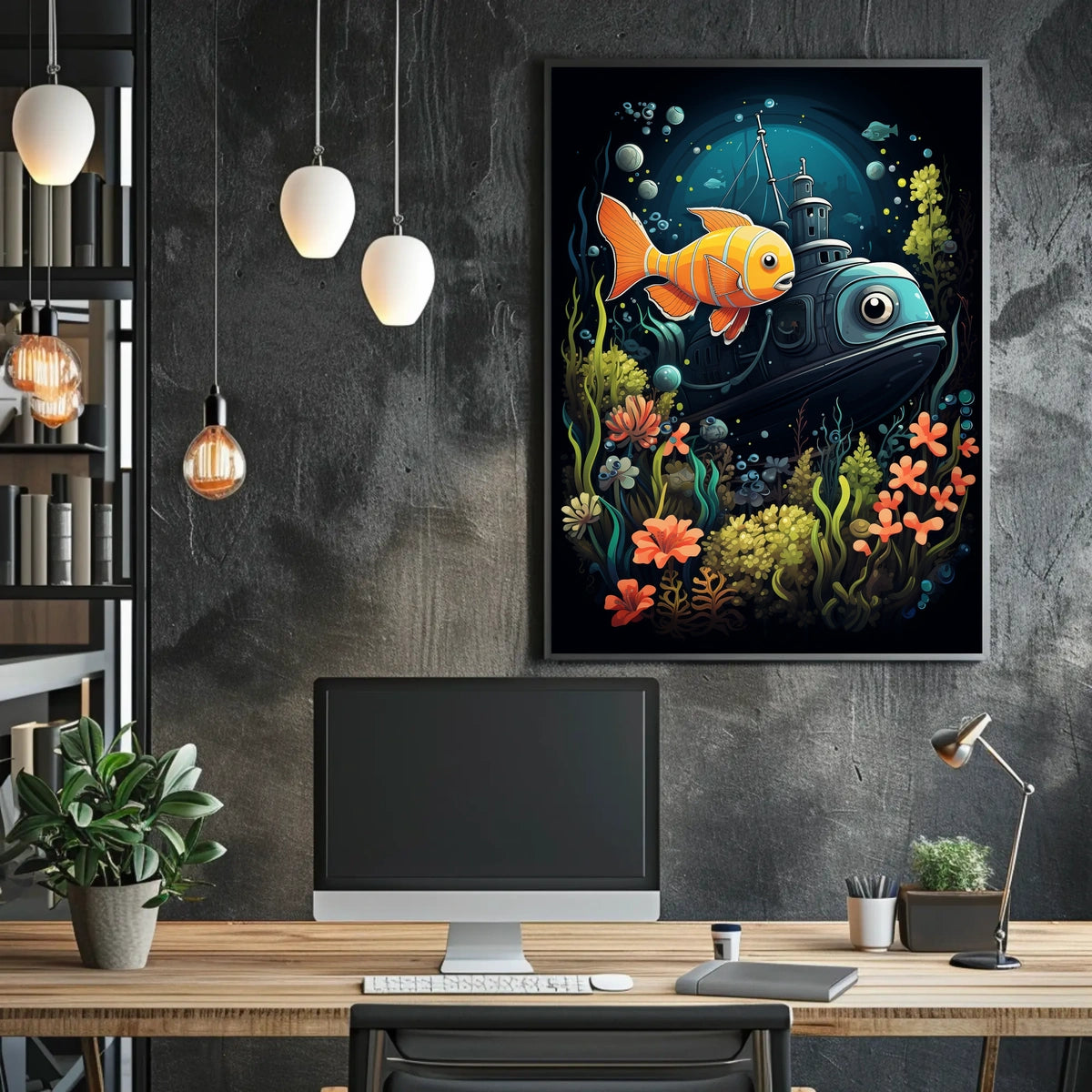 Underwater Adventure: Vintage Submarine and Orange Fish Poster