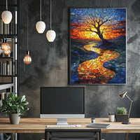 Vibrant Mosaic Sunset Landscape Artistic Poster