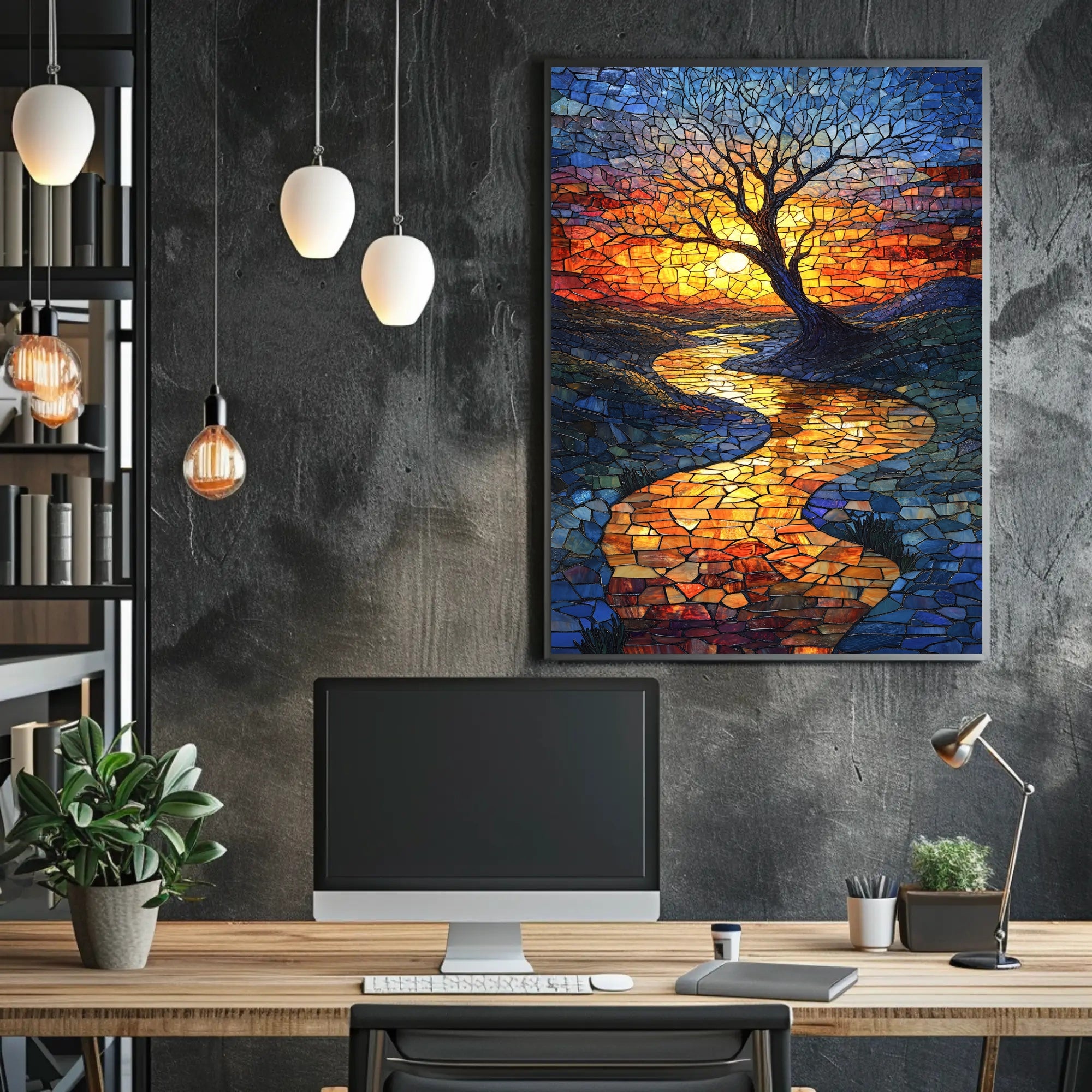 Vibrant Mosaic Sunset Landscape Artistic Poster