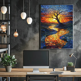 Vibrant Mosaic Sunset Landscape Artistic Poster