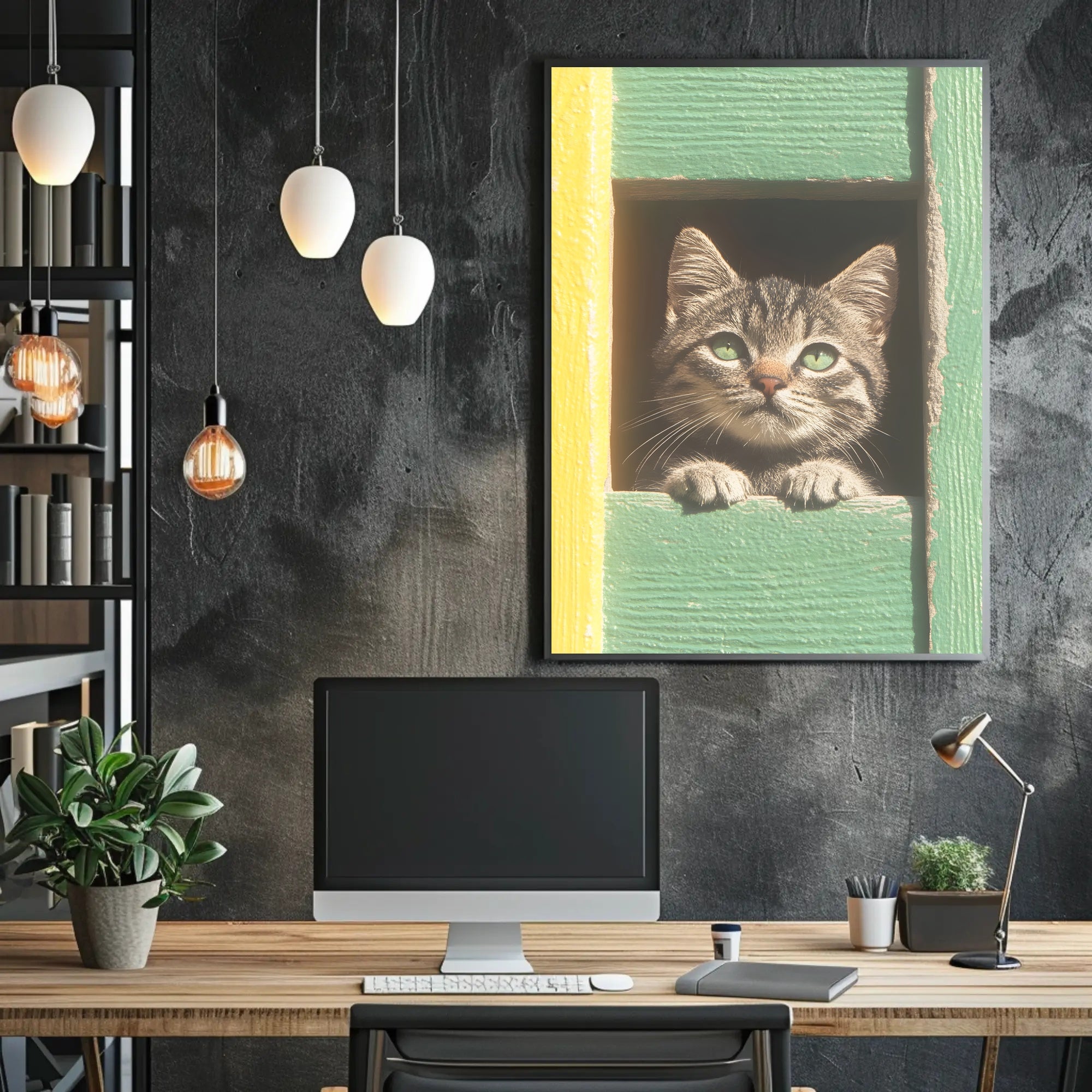 Curious Cat Window Poster Charming Whimsical Print