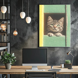 Curious Cat Window Poster Charming Whimsical Print