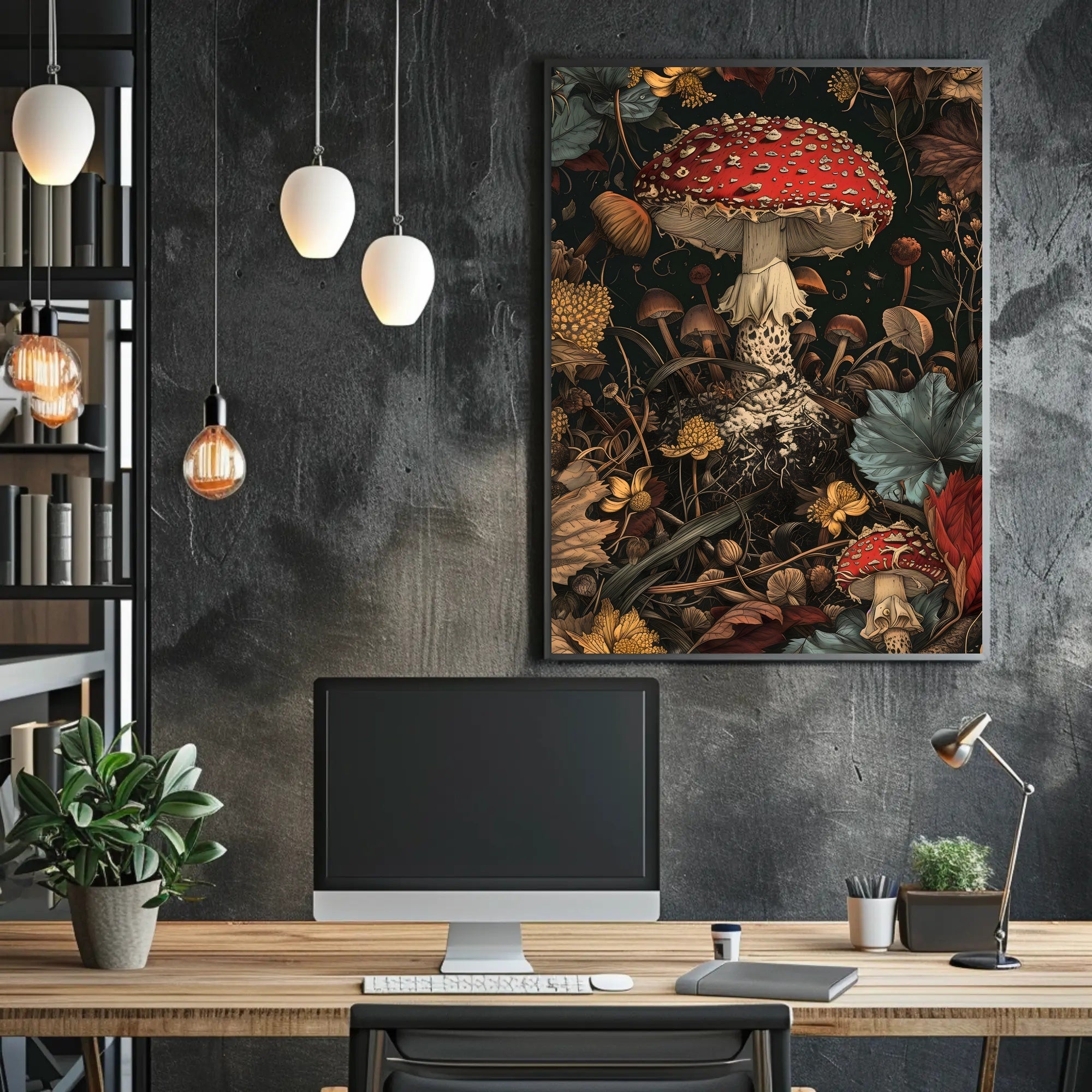Lush Forest Floor with Enchanting Mushroom Fantasy Poster