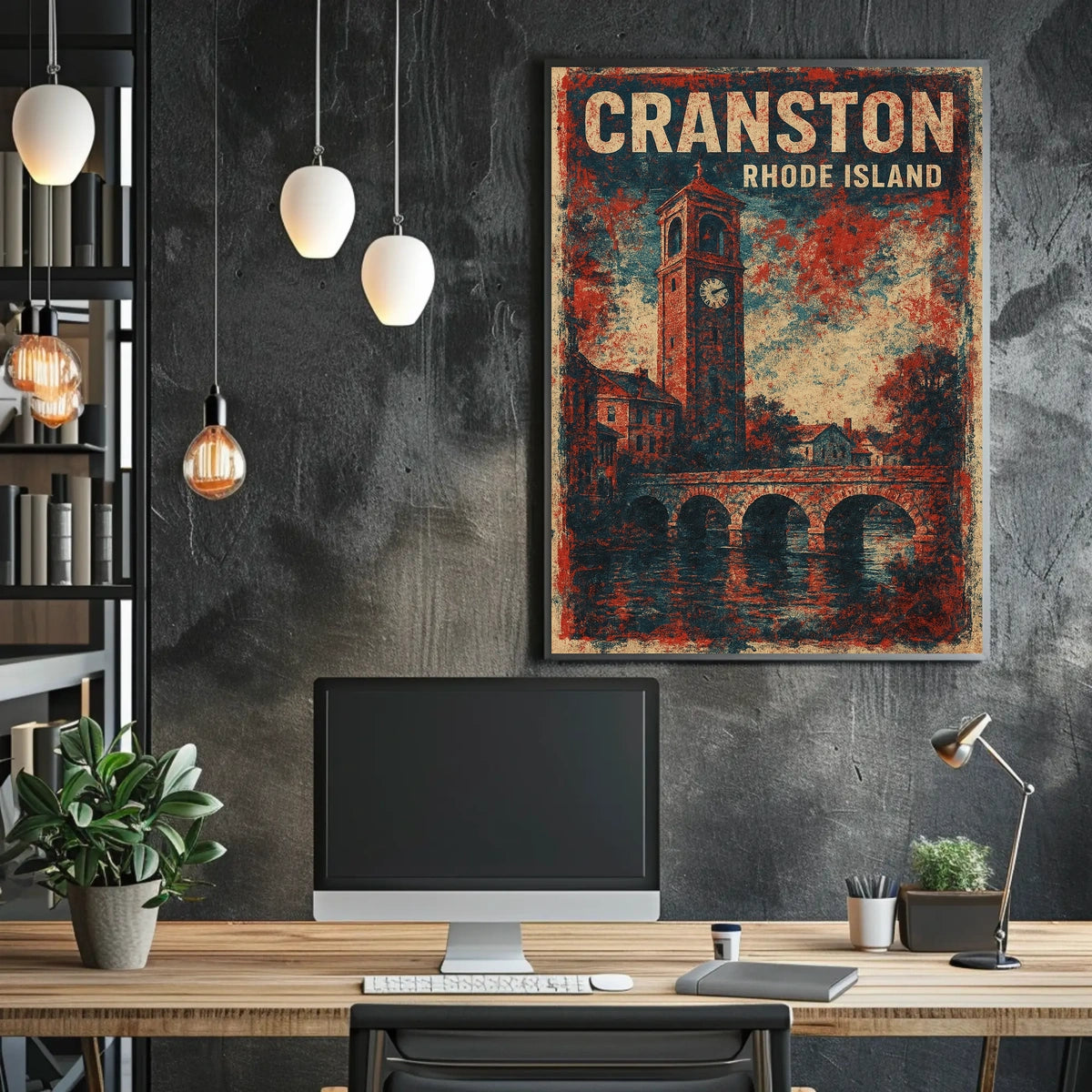 Cranston Clock Tower Cityscape Nostalgic Art Deco Poster