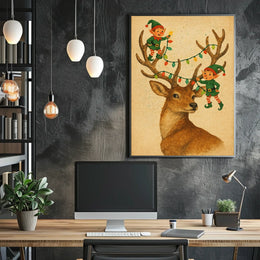 Festive Reindeer And Elves Poster