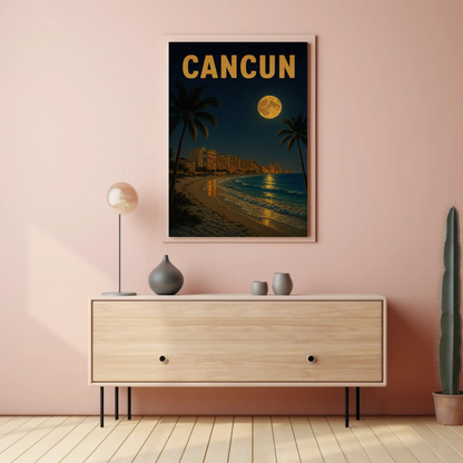 Cancun Beachfront Skyline Moonlight Travel Poster
