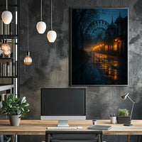 Eerie Nighttime Amusement Park Urban or Cityscape Poster PosterGoat