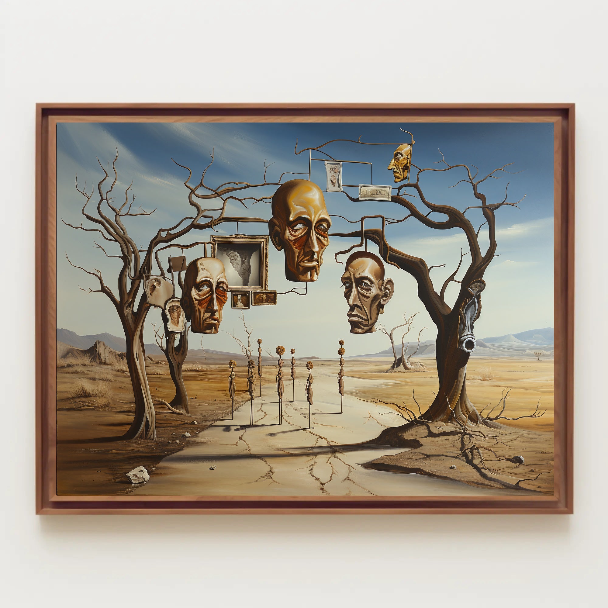 Surreal Desertscape with Floating Bronze Heads Artistic Poster