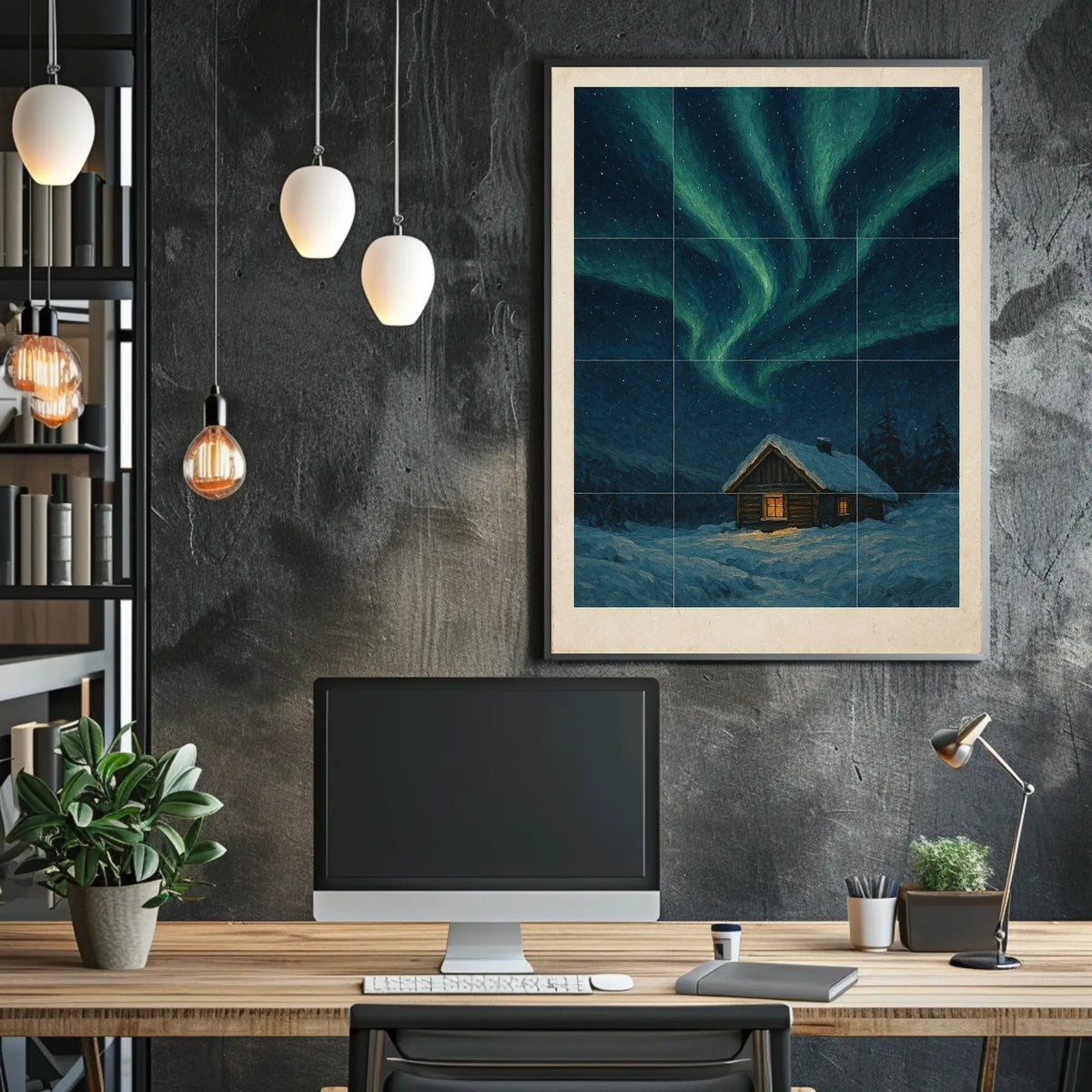 Northern Lights Over Snowy Cabin Poster