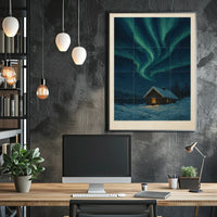 Northern Lights Over Snowy Cabin Poster