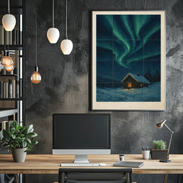 Northern Lights Over Snowy Cabin Poster
