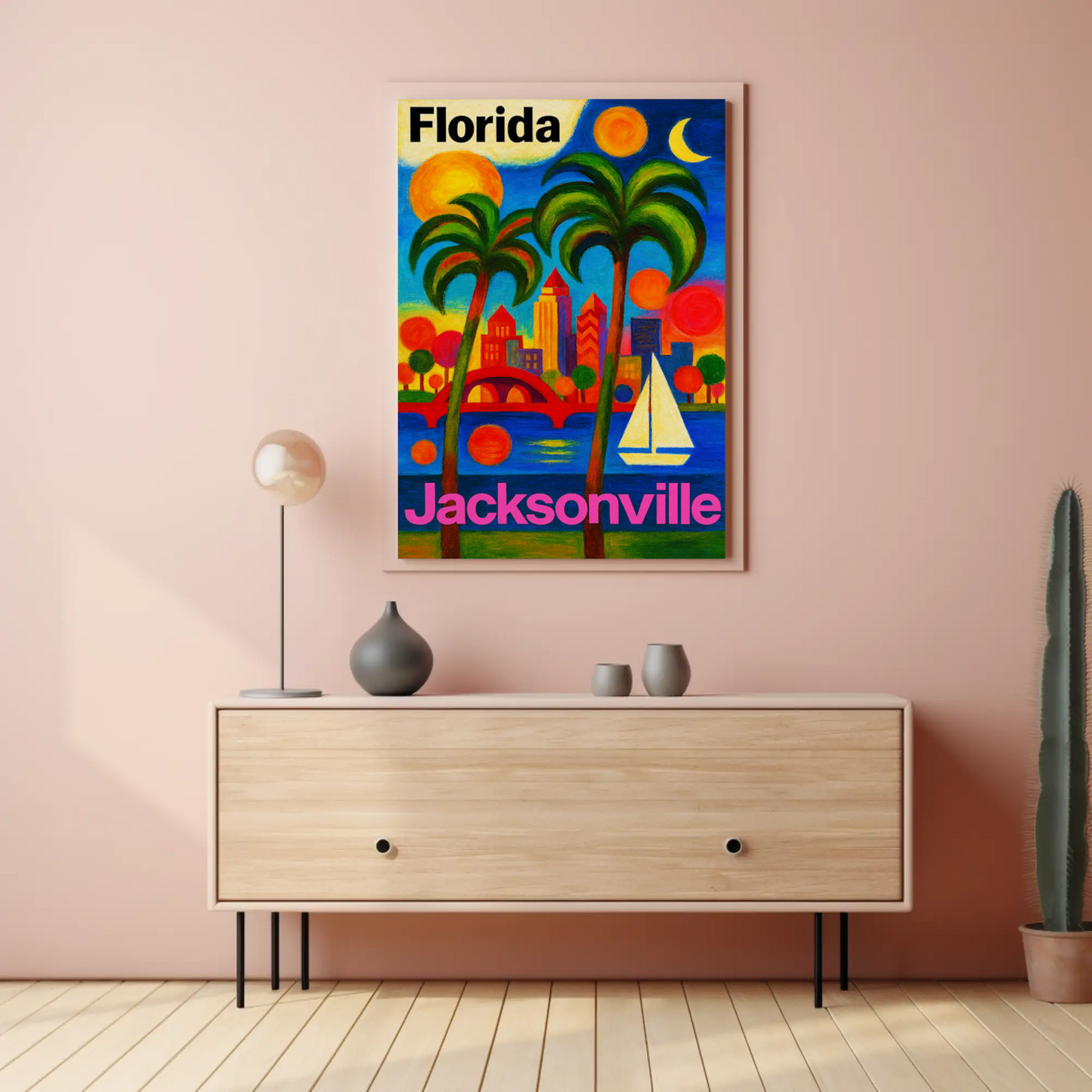 Jacksonville Florida Vibrant Skyline With Sailboat Travel Poster