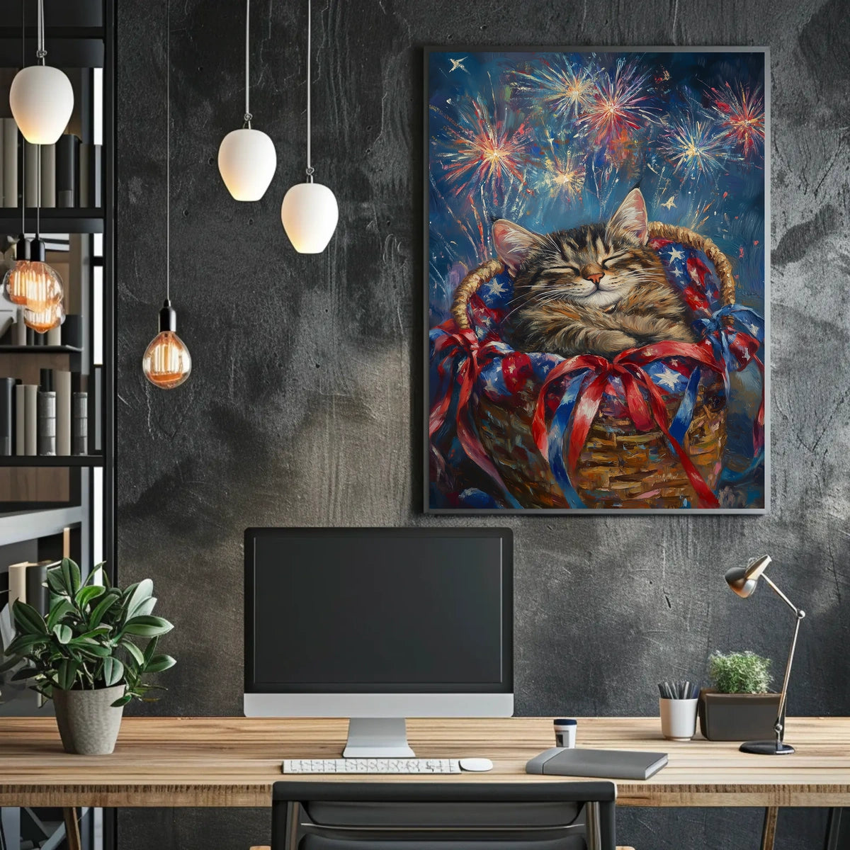 Brown Tabby Cat In Basket With Fireworks Flag Poster