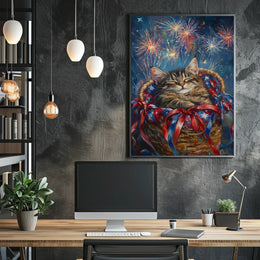 Brown Tabby Cat In Basket With Fireworks Flag Poster