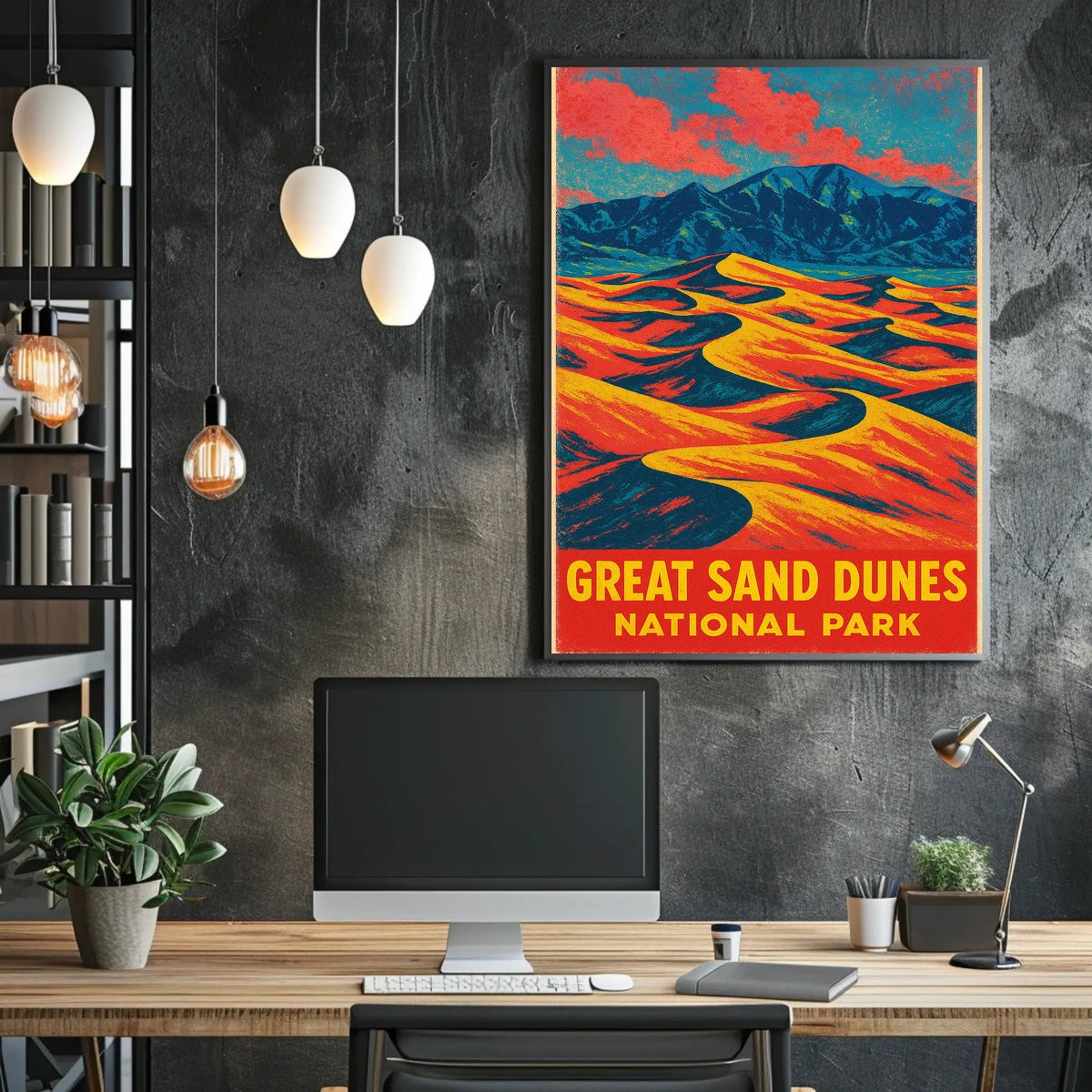 Great Sand Dunes National Park Vintage Travel Art Deco Nostalgic Adventure Colorful Dunes Scene Poster