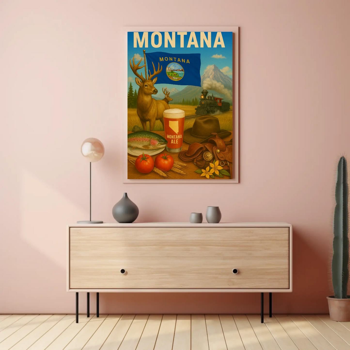 Montana Ale Elk Train Tomato Trout Hat Travel Poster