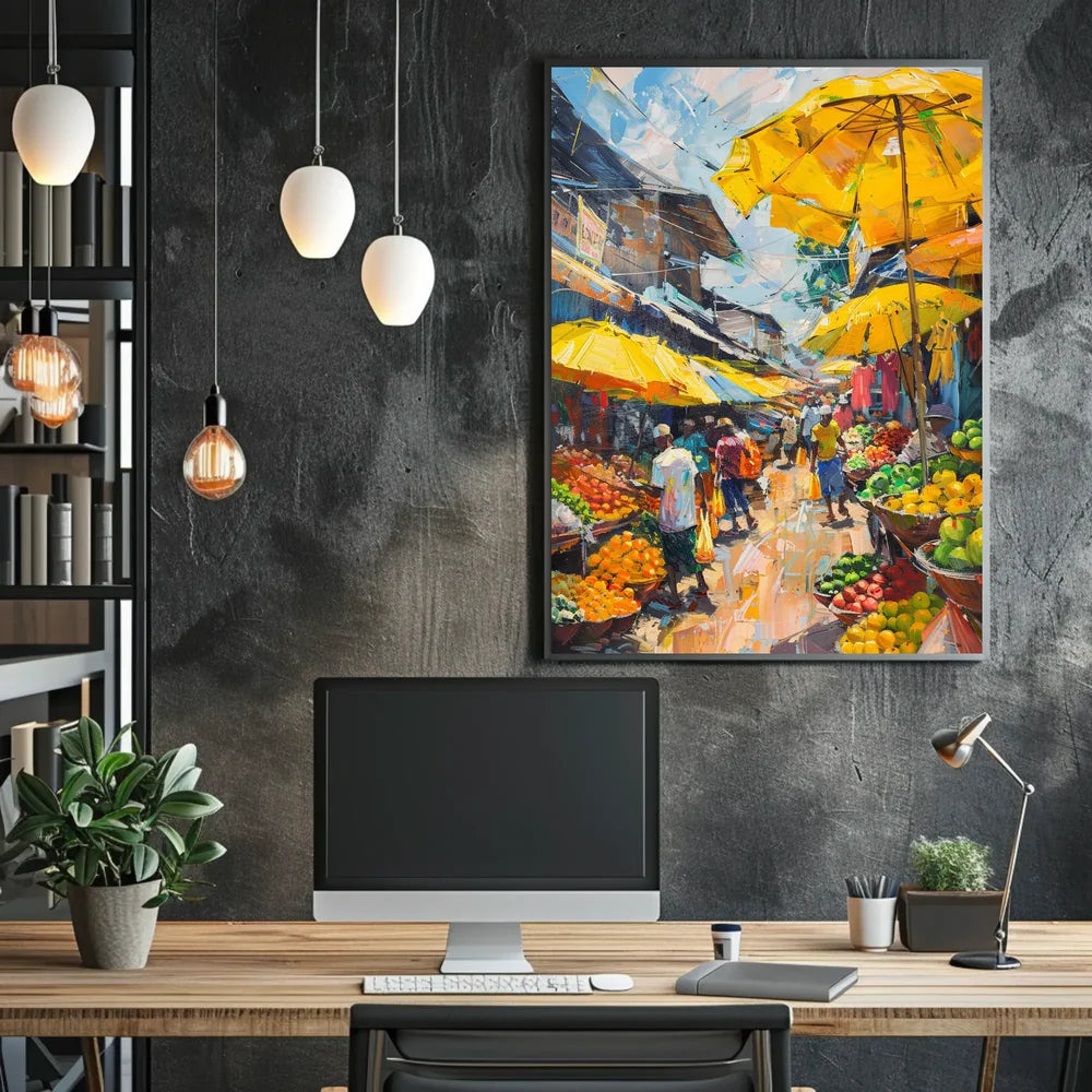 Vibrant Urban Marketplace Scene Impressionistic Art Poster