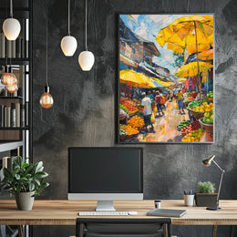 Vibrant Urban Marketplace Scene Impressionistic Art Poster